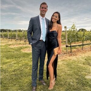 Navy Twist Cowl High-Slit Gown